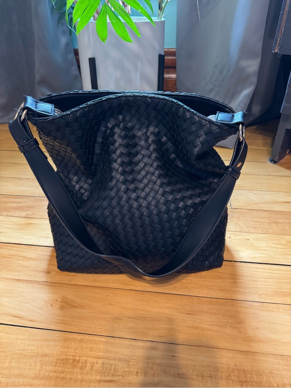 Woven Black Leather Shoulder Bag